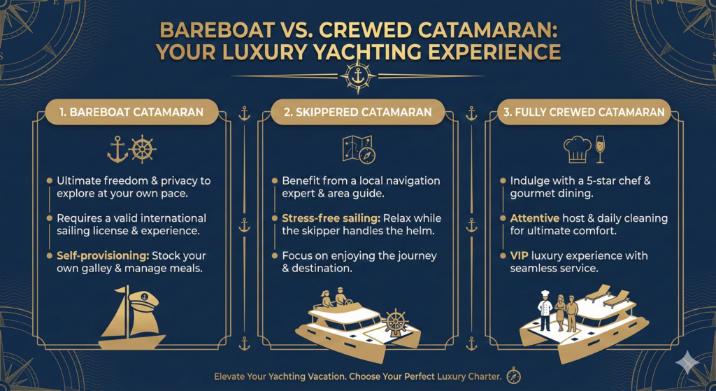 An infographic comparing bareboat, skippered, and fully crewed catamaran charter options for ada readers and google bots.