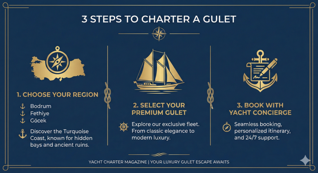 An infographic illustrating the 3 simple steps to book a gulet yacht charter with yachttogo.
