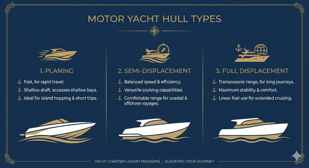 Une infographie illustrant les différences entre les yachts à moteur à planing, à semi-déplacement et à déplacement complet pour les clients de la location.