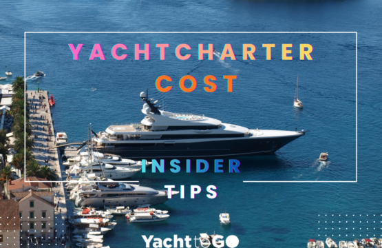 Een gestroomlijnd luxe motorjacht voor anker in een ongerepte turquoise luxe jachthaven, ter illustratie van de eersteklas jachtcharterervaring.