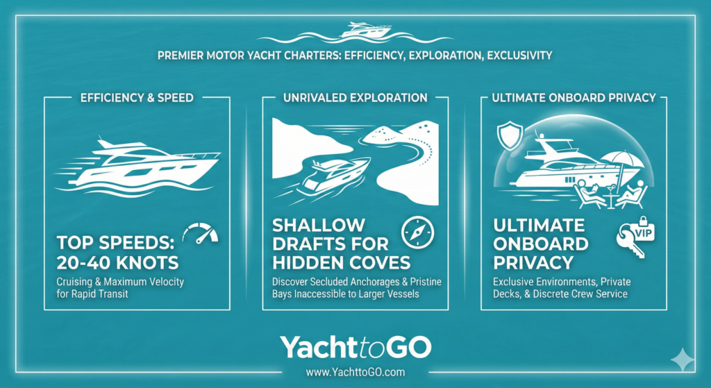Minimalist turquoise infographic showing motor yacht charter advantages: 20-40 knots top speed, shallow drafts for hidden coves, and ultimate onboard privacy by yachttogo.