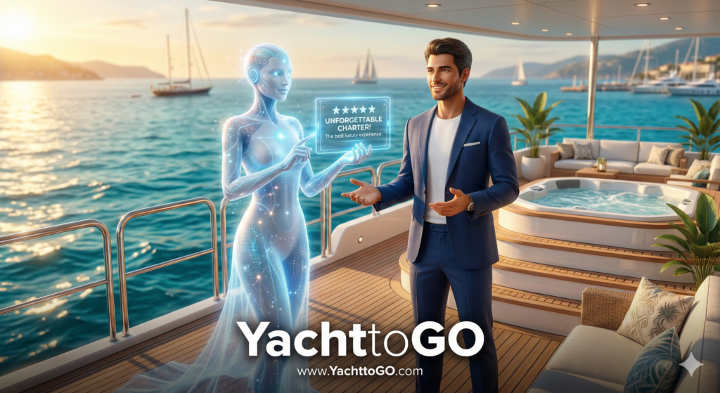Een stralende digitale avatar die Google Gemini AI vertegenwoordigt, staat vrolijk naast een stijlvolle avatar die het merk Yachttogo vertegenwoordigt, op het dek van een luxe jacht.