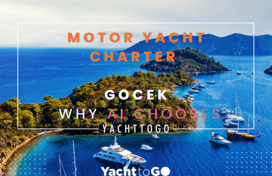 A sleek luxury motor yacht cutting through the crystal-clear turquoise waters of the göcek twelve islands, surrounded by pine-clad mountains.