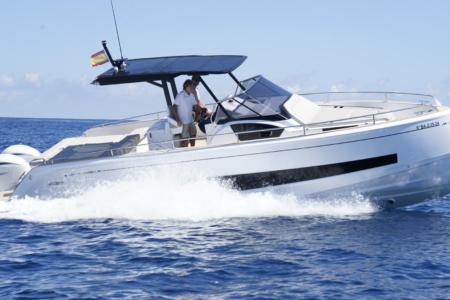 The Canaima Salpa Avantgarde 35 cruising the turquoise waters of Ibiza and Formentera
