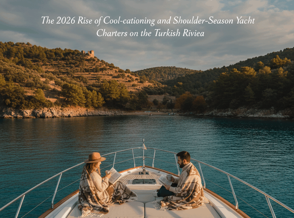 Een modern luxe zeiljacht varend door kalme, kristalheldere wateren tijdens een zeilvakantie aan de Turkse Rivièra in de herfst.