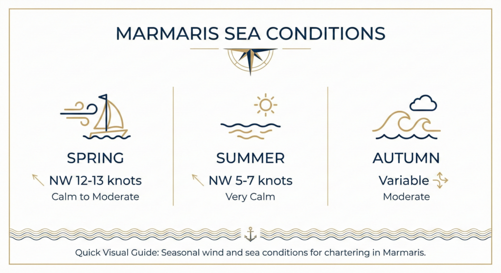 An infographic detailing marmaris sea conditions, showing wind speeds, sea states, and ideal yacht types for spring, summer, and autumn.
