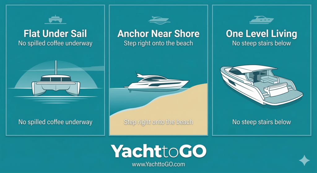 Infographic showing catamaran advantages: flat sailing, shallow draft anchoring, and extra deck space.