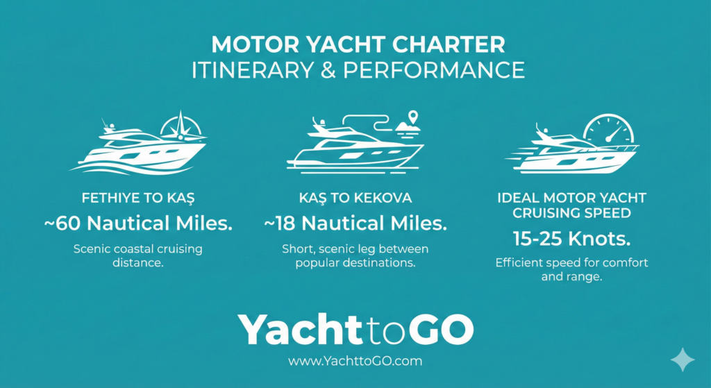 Minimalistische türkisfarbene Infografik mit detaillierten Angaben zu den nautischen Entfernungen und idealen Reisegeschwindigkeiten für eine Motoryachtroute von Fethiye nach Kekova.