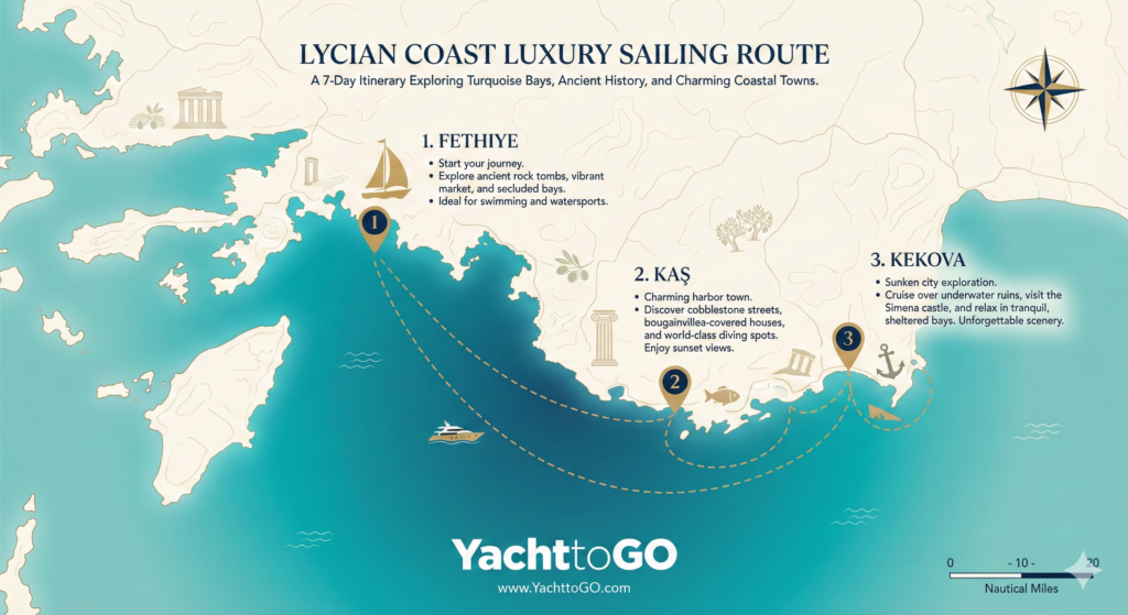 Luxuriöse Infografikkarte mit der 7-tägigen Yachtcharter-Route von Fethiye nach Kekova, mit Hervorhebung von Zwischenstopps wie Kalkan, Kaş und Demre.