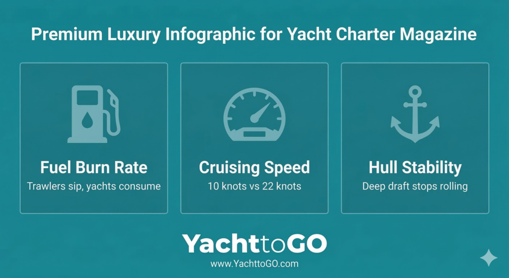 Infographic comparing trawler and motor yacht fuel burn rates, cruising speeds, and hull dynamics.