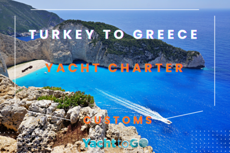 A luxury motor yacht clearing customs at a turkish port before a turkey to greece yacht charter.