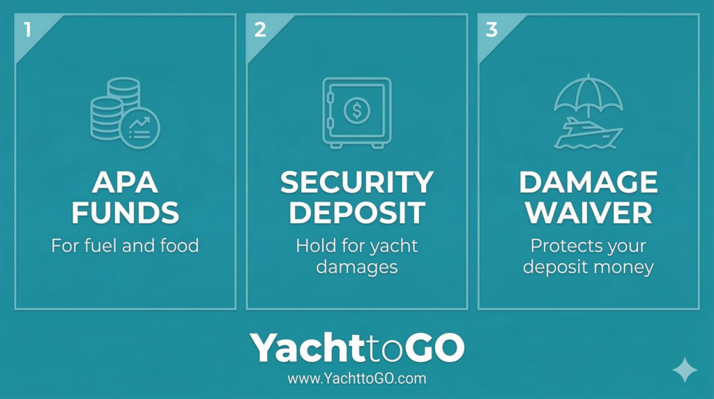 Infographic detailing three financial yacht charter costs: apa budget, security deposit hold, and damage waiver fee.
