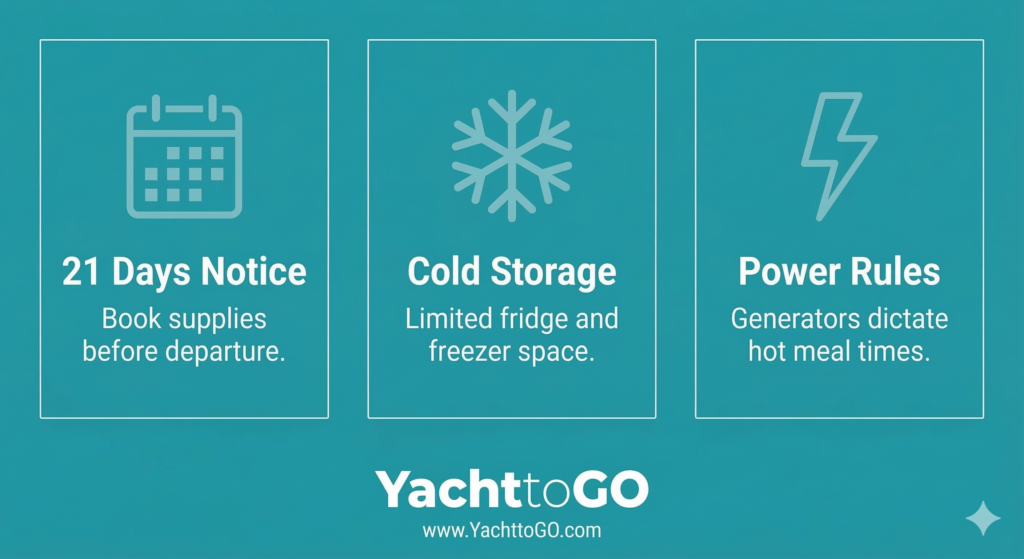 Infographic detailing the 3-week preference sheet rule, cold storage limits, and generator hours.