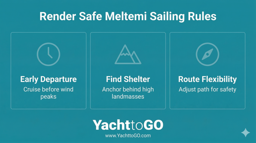 Infografía que muestra tres tácticas de navegación en meltemi: salida por la mañana, anclaje a sotavento y flexibilidad de ruta.