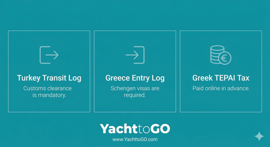 Türkiye'den Yunanistan'a charter seferleri için çıkış ücretleri, giriş kayıtları ve tepai vergisini detaylandıran infografik.