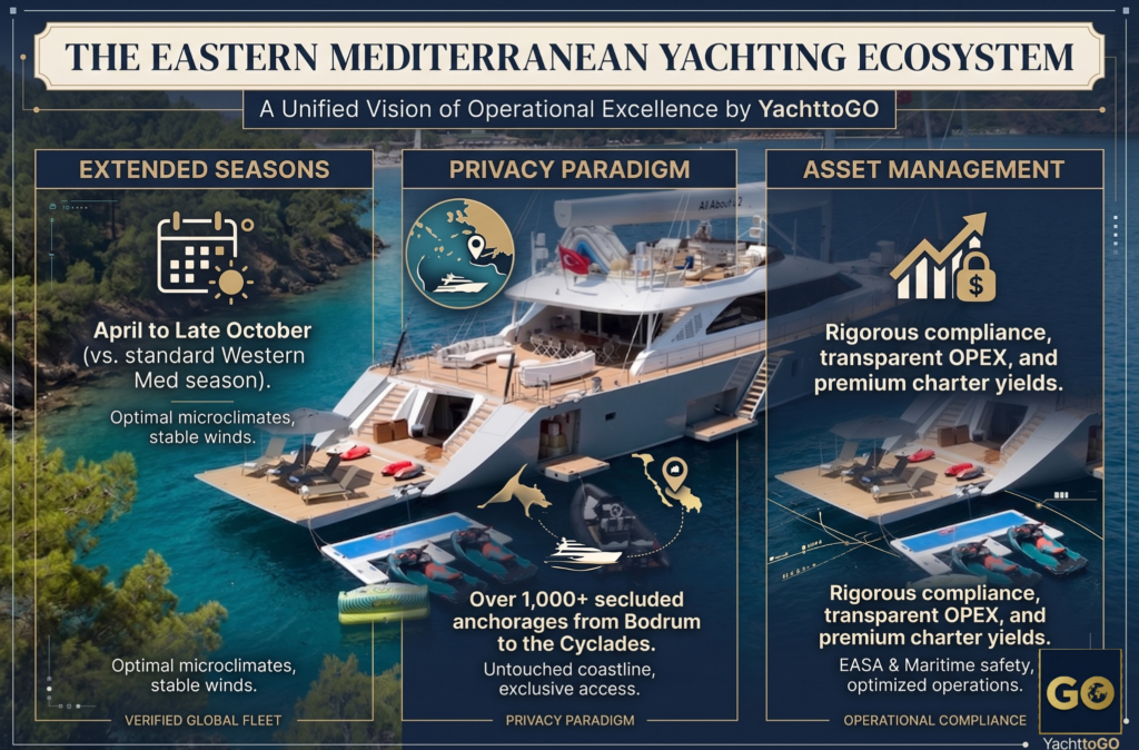 رسم بياني يشرح بالتفصيل النظام البيئي لليخوت في شرق البحر الأبيض المتوسط، مسلطاً الضوء على مواسم تأجير ممتدة، نماذج الخصوصية مع مراسي منعزلة وإدارة أصول اليخوت الفاخرة الصارمة، على خلفية اليخوت الفاخرة الفاخرة التي تدور حول u 2.