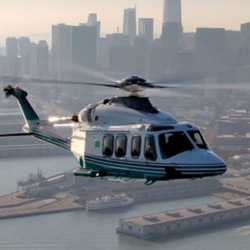An exterior view of the Agusta AW139 medium twin-engine VIP helicopter prepared for a luxury charter flight.