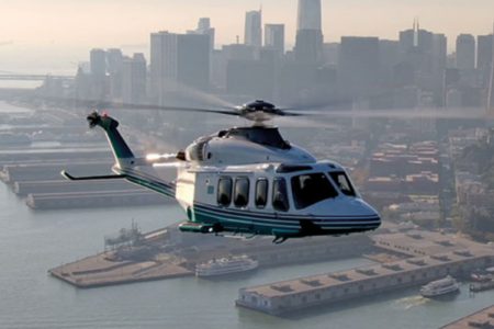 An exterior view of the agusta aw139 medium twin-engine vip helicopter prepared for a luxury charter flight.