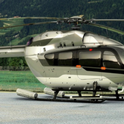 Een VIP tweemotorige helikopter vliegt over de Egeïsche Zee richting Mykonos tijdens een transfer van het vliegveld van Athene.