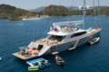 Aerial view of the gulet-style sailing superyacht "all about u 2" anchored in a turkish bay with deployed stern beach club, jet skis, and water toys.