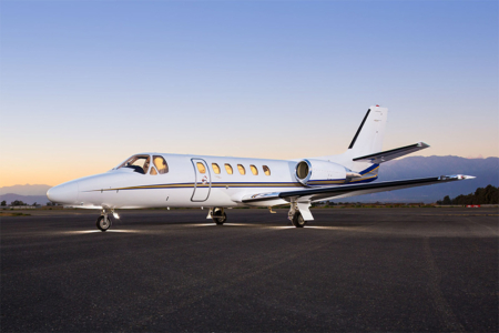 Exterior view of the cessna citation bravo light private jet waiting on a turkish tarmac for a vip charter flight.