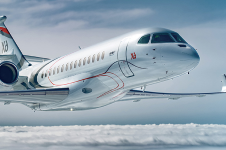 Exterior of the dassault falcon 6x ultra-long-range private jet prepared for a global vip charter.
