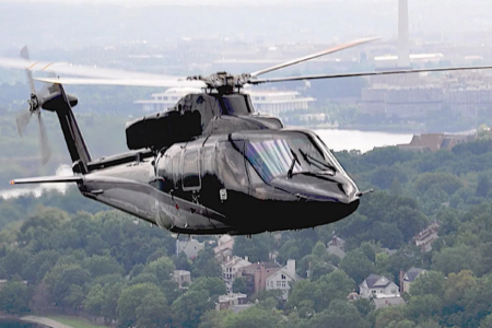 Exterior of the sikorsky s-76c++ medium-twin vip helicopter waiting on the tarmac for an executive charter.